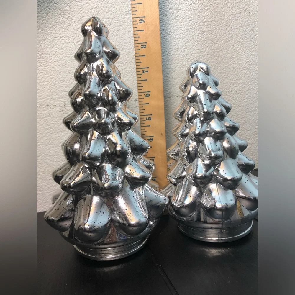 Silver Ceramic Lighted Holiday Tree Décor - Set of 2